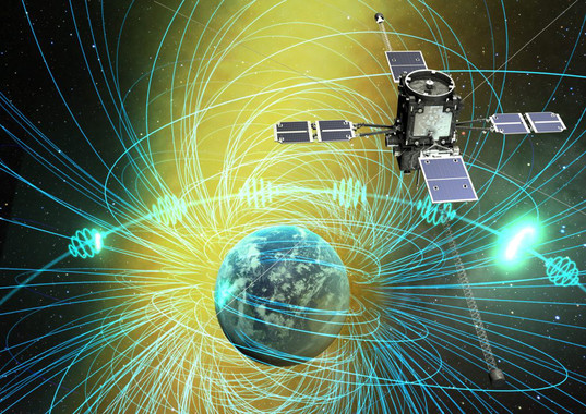 El satélite ERG observó las ondas de coro y los electrones, que precipitan en la atmósfera generando la iluminación auroral. En esta ilustración el norte y sur de la Tierra están, respectivamente, a la izquierda y la derecha. / ERG science team